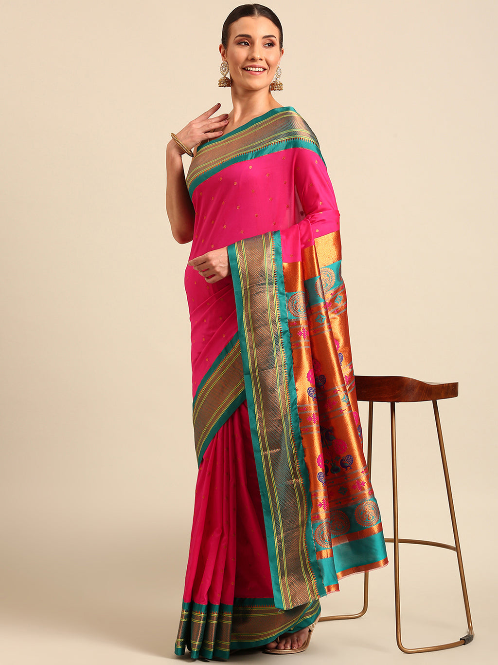 Maharani paithani saree silk blend in rani pink & rama with polka butta design - front view for wedding wear