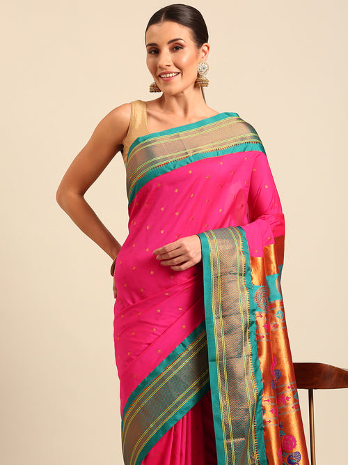 Maharani paithani saree soft silk in rani pink & rama with polka butta design - closeup view for wedding party and festival