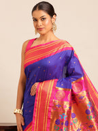Maharani paithani saree silk blend in royal blue & pink with polka butta design - closeup view for weading party and festival