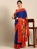 Maharani paithani saree silk blend in royal blue & red with polka butta design - front view for wedding wear