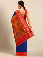 Maharani paithani saree silk blend in royal blue & red with polka butta design - back view showing pallu and border