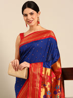 Maharani paithani saree silk blend in royal blue & red with polka butta design - closeup view for weading party and festival