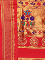 Maharani paithani saree silk blend in royal blue & red with polka butta design with peacock motifs pallu
