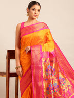 Maharani paithani saree soft silk in saffron & pink with polka butta design - closeup view for wedding party and festival