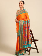 Maharani paithani saree silk blend in saffron & rama with polka butta design - front view for wedding wear