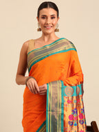 Maharani paithani saree silk blend in saffron & rama with polka butta design - closeup view for weading party and festival