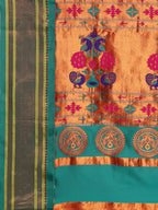 Maharani paithani saree silk blend in saffron & rama with polka butta design with peacock motifs pallu