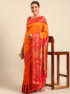 Maharani paithani saree silk blend in saffron & red with polka butta design - front view for wedding wear