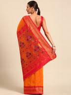 Maharani paithani saree silk blend in saffron & red with polka butta design - back view showing pallu and border