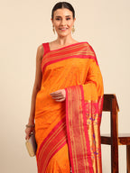 Maharani paithani saree silk blend in saffron & red with polka butta design - closeup view for weading party and festival
