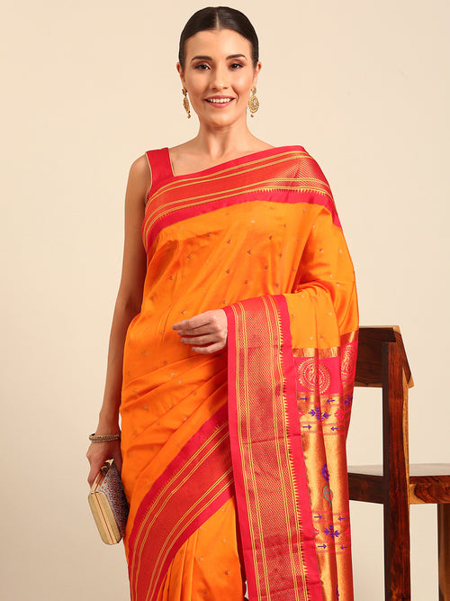 Maharani paithani saree soft silk in saffron & red with polka butta design - closeup view for wedding party and festival