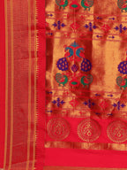 Maharani paithani saree silk blend in saffron & red with polka butta design with peacock motifs pallu