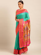 Maharani paithani saree silk blend in sea green & pink with polka butta design - front view for wedding wear