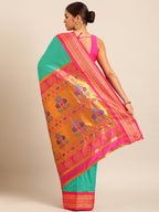 Maharani paithani saree silk blend in sea green & pink with polka butta design - back view showing pallu and border