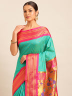 Maharani paithani saree silk blend in sea green & pink with polka butta design - closeup view for weading party and festival
