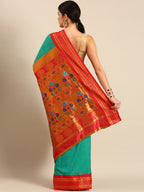Maharani paithani saree silk blend in sea green & red with polka butta design - back view showing pallu and border