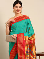 Maharani paithani saree silk blend in sea green & red with polka butta design - closeup view for weading party and festival