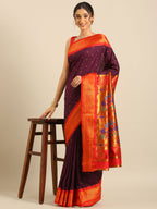 Maharani paithani saree silk blend in wine & red with polka butta design - front view for wedding wear