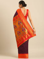 Maharani paithani saree silk blend in wine & red with polka butta design - back view showing pallu and border