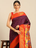 Maharani paithani saree silk blend in wine & red with polka butta design - closeup view for weading party and festival