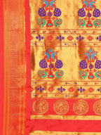 Maharani paithani saree silk blend in wine & red with polka butta design with peacock motifs pallu