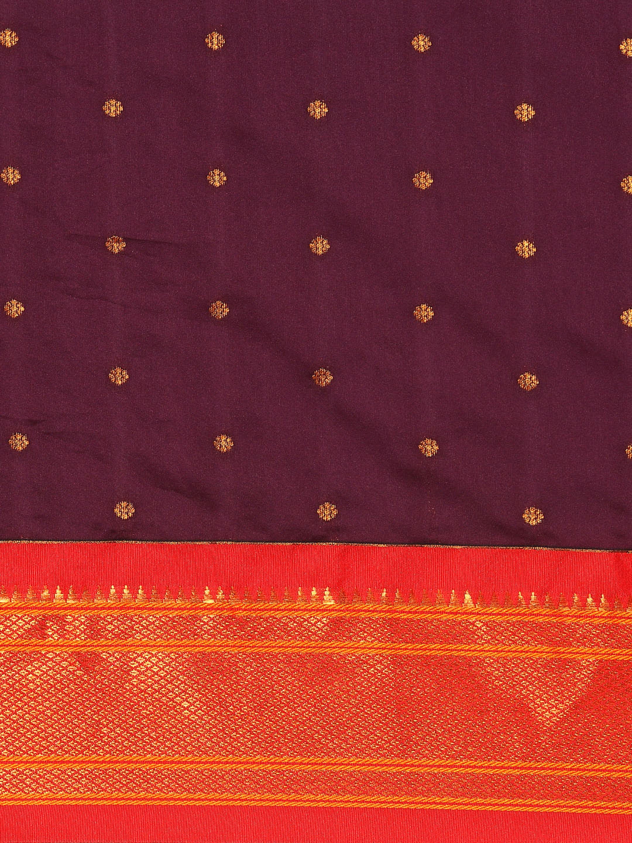 Maharani paithani saree silk blend in wine & red with polka butta design saree for wedding and festive wear