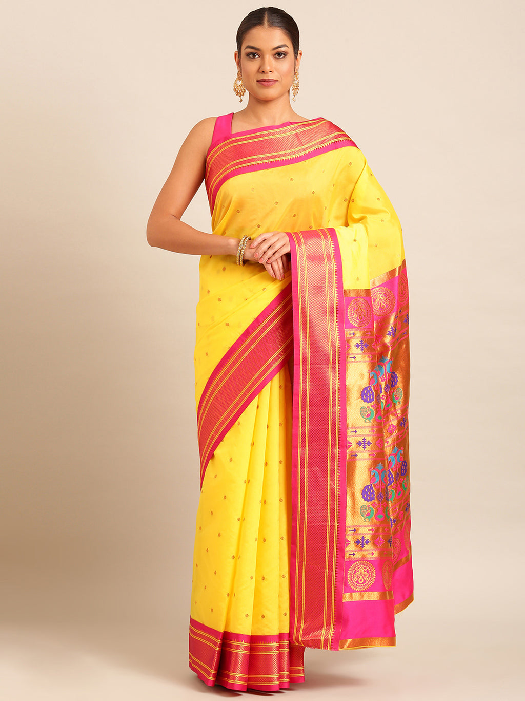 Maharani paithani saree silk blend in yellow & pink with polka butta design - front view for wedding wear