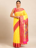 Maharani paithani saree silk blend in yellow & pink with polka butta design - front view for wedding wear