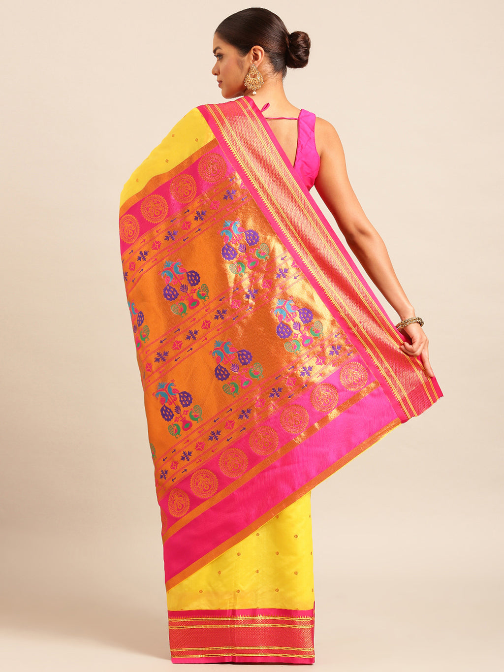Maharani paithani saree silk blend in yellow & pink with polka butta design - back view showing pallu and border