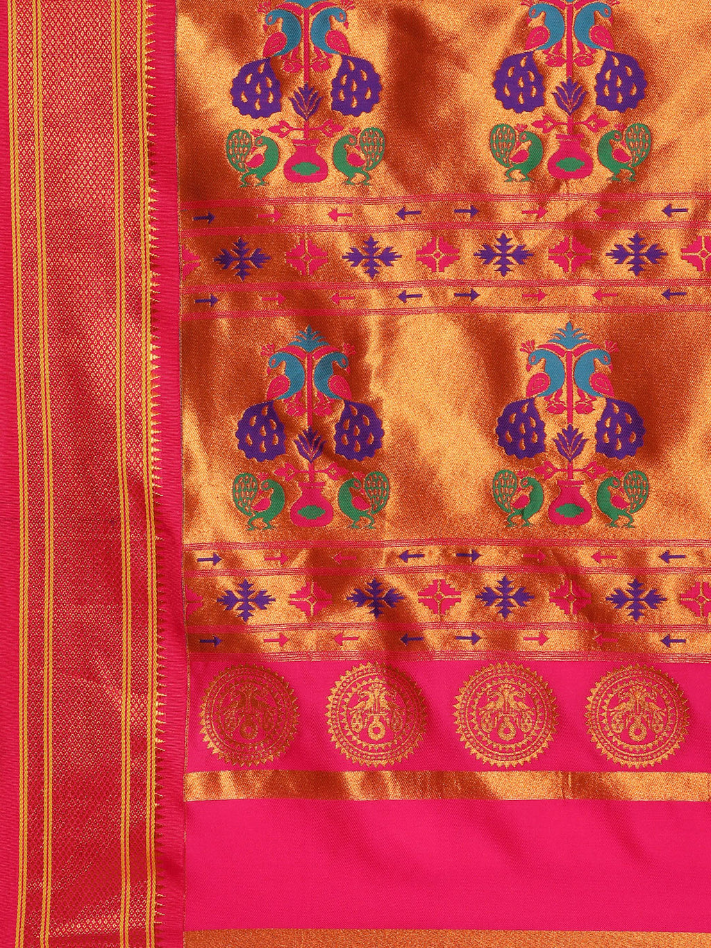 Maharani paithani saree silk blend in yellow & pink with polka butta design with peacock motifs pallu