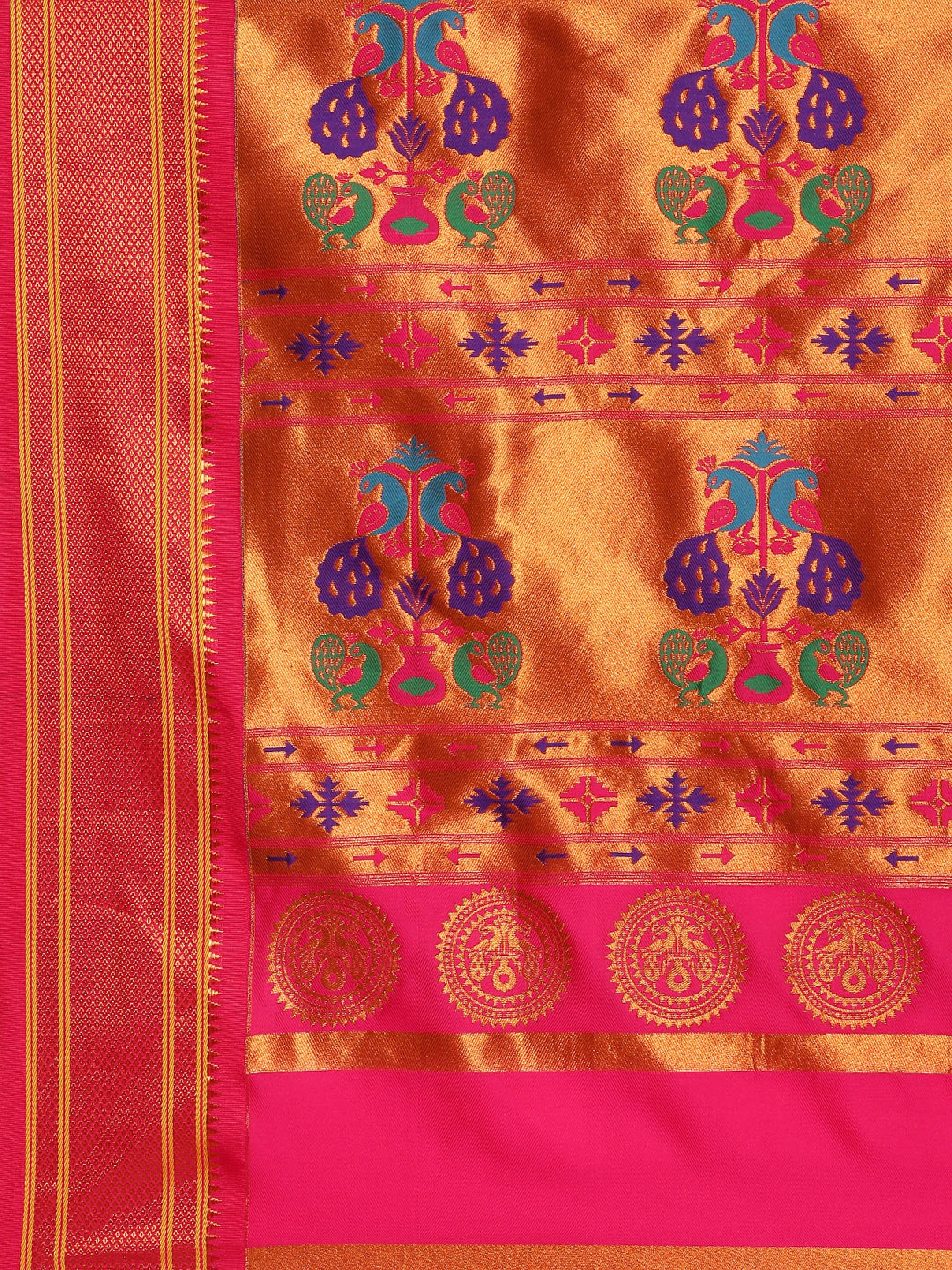 Maharani paithani saree silk blend in yellow & pink with polka butta design with peacock motifs pallu