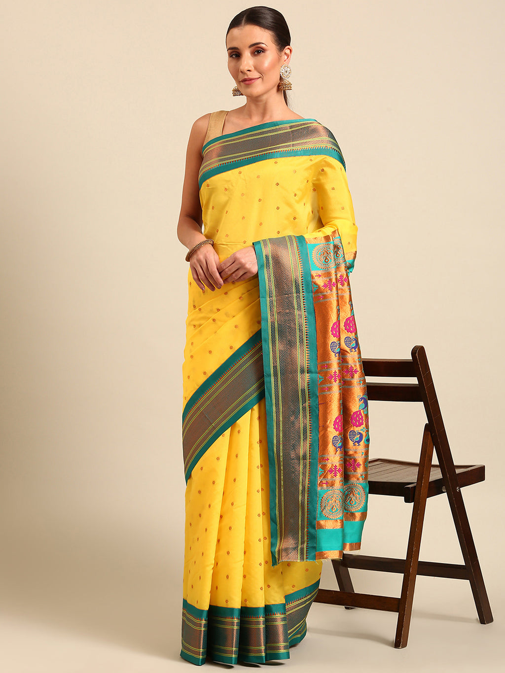 Maharani paithani saree silk blend in yellow & rama with polka butta design - front view for wedding wear