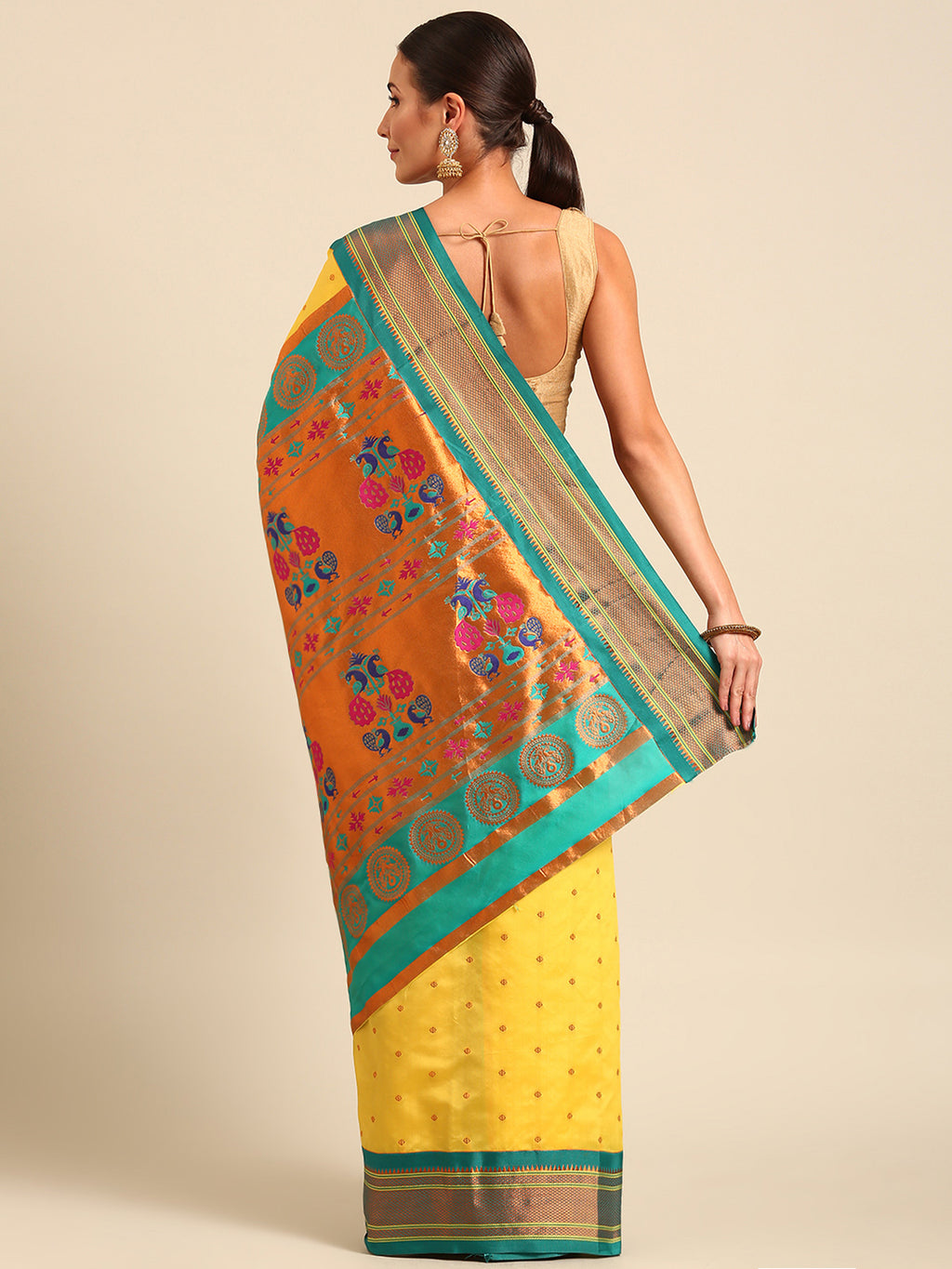 Maharani paithani saree silk blend in yellow & rama with polka butta design - back view showing pallu and border