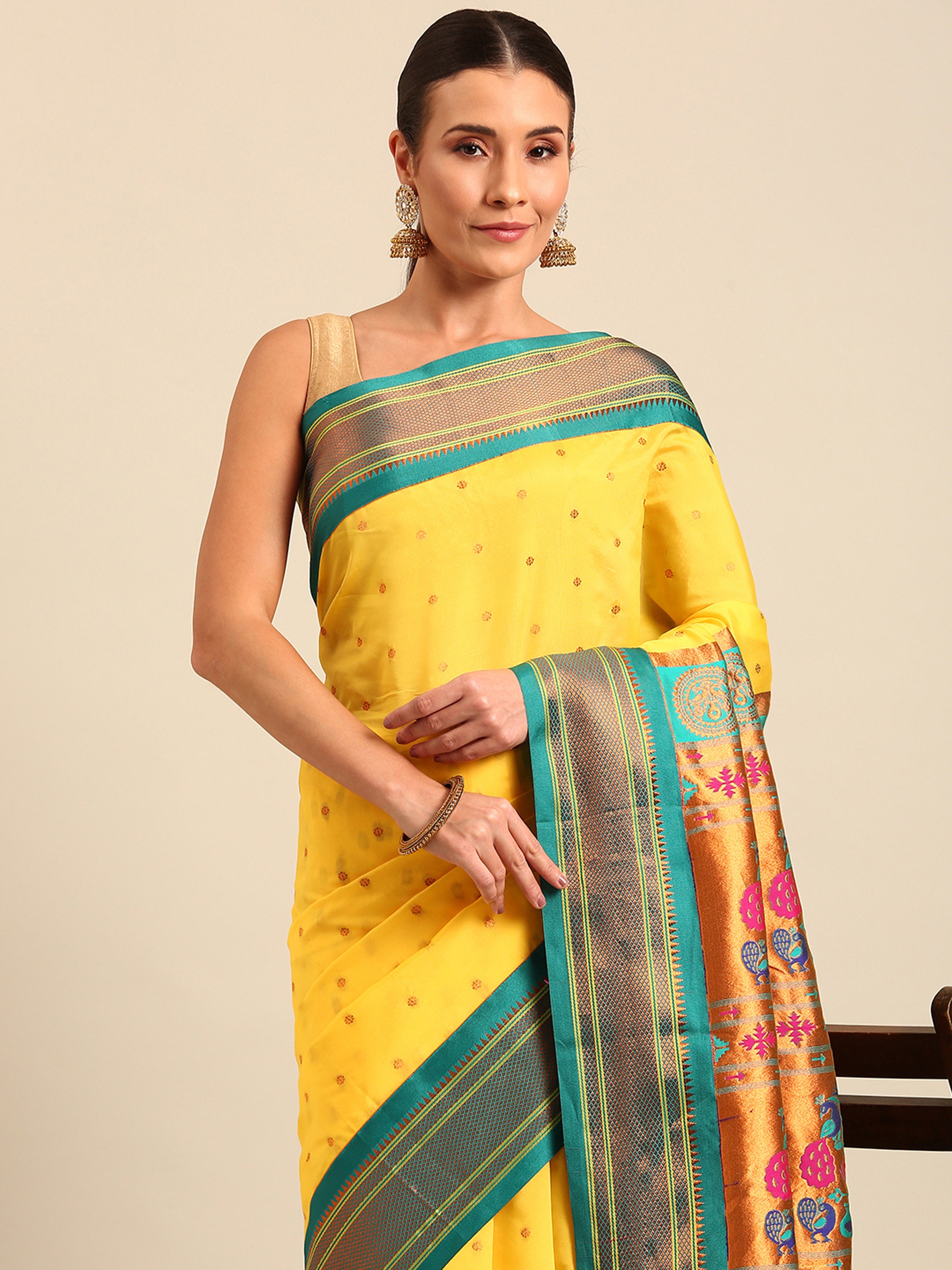 Maharani paithani saree silk blend in yellow & rama with polka butta design - closeup view for weading party and festival