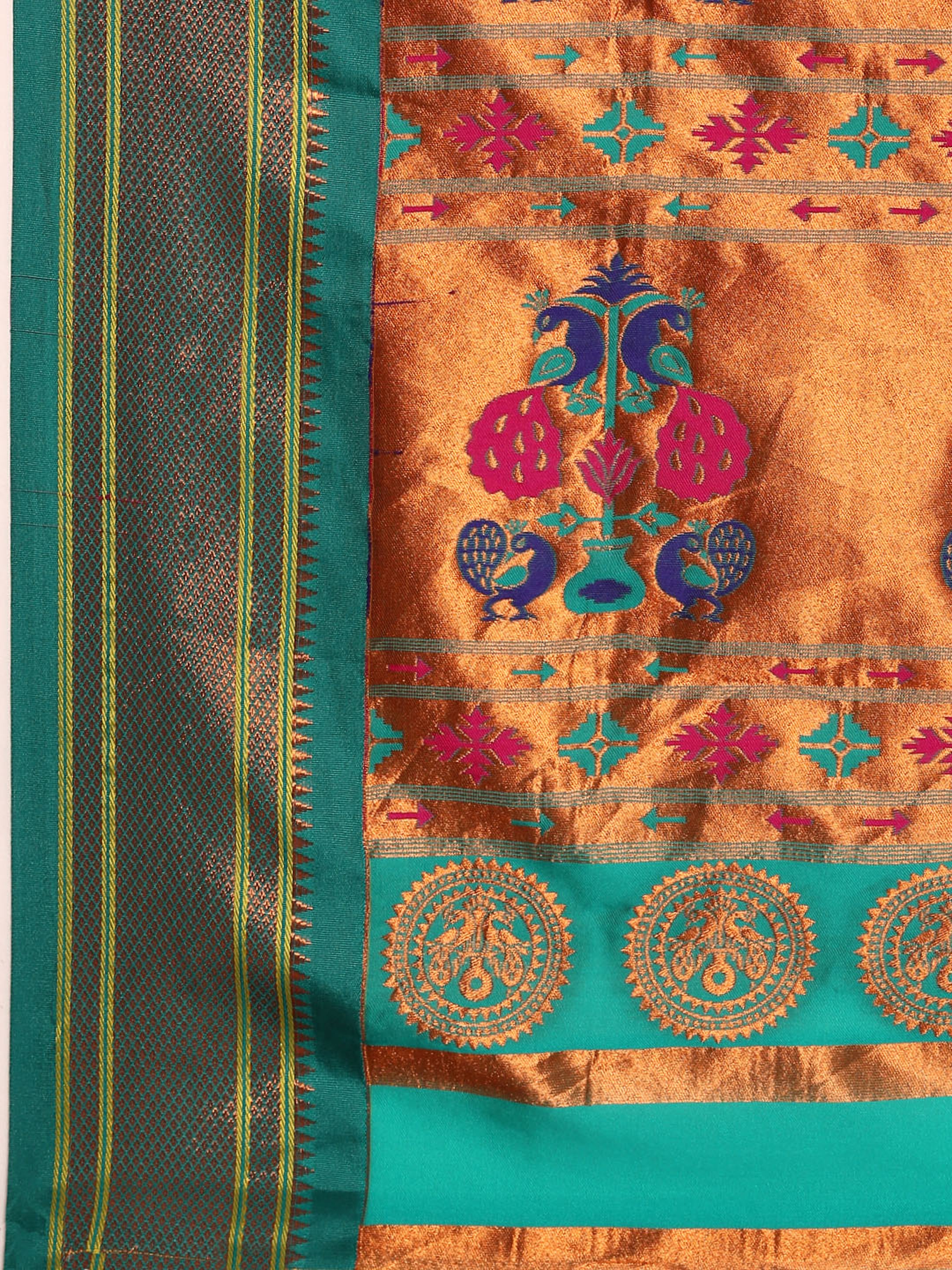 Maharani paithani saree silk blend in yellow & rama with polka butta design with peacock motifs pallu