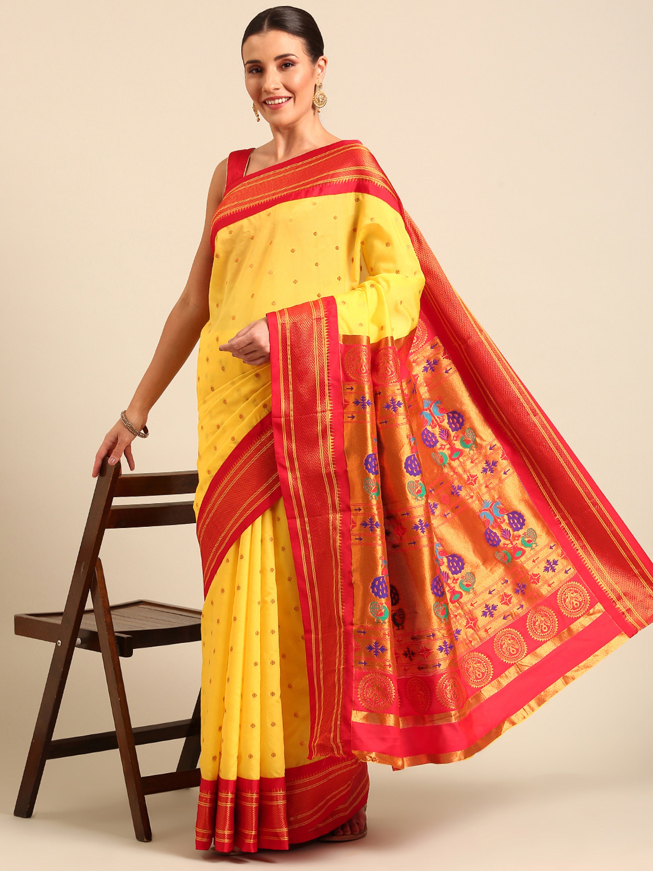 Maharani paithani saree silk blend in yellow & red with polka butta design - front view for wedding wear