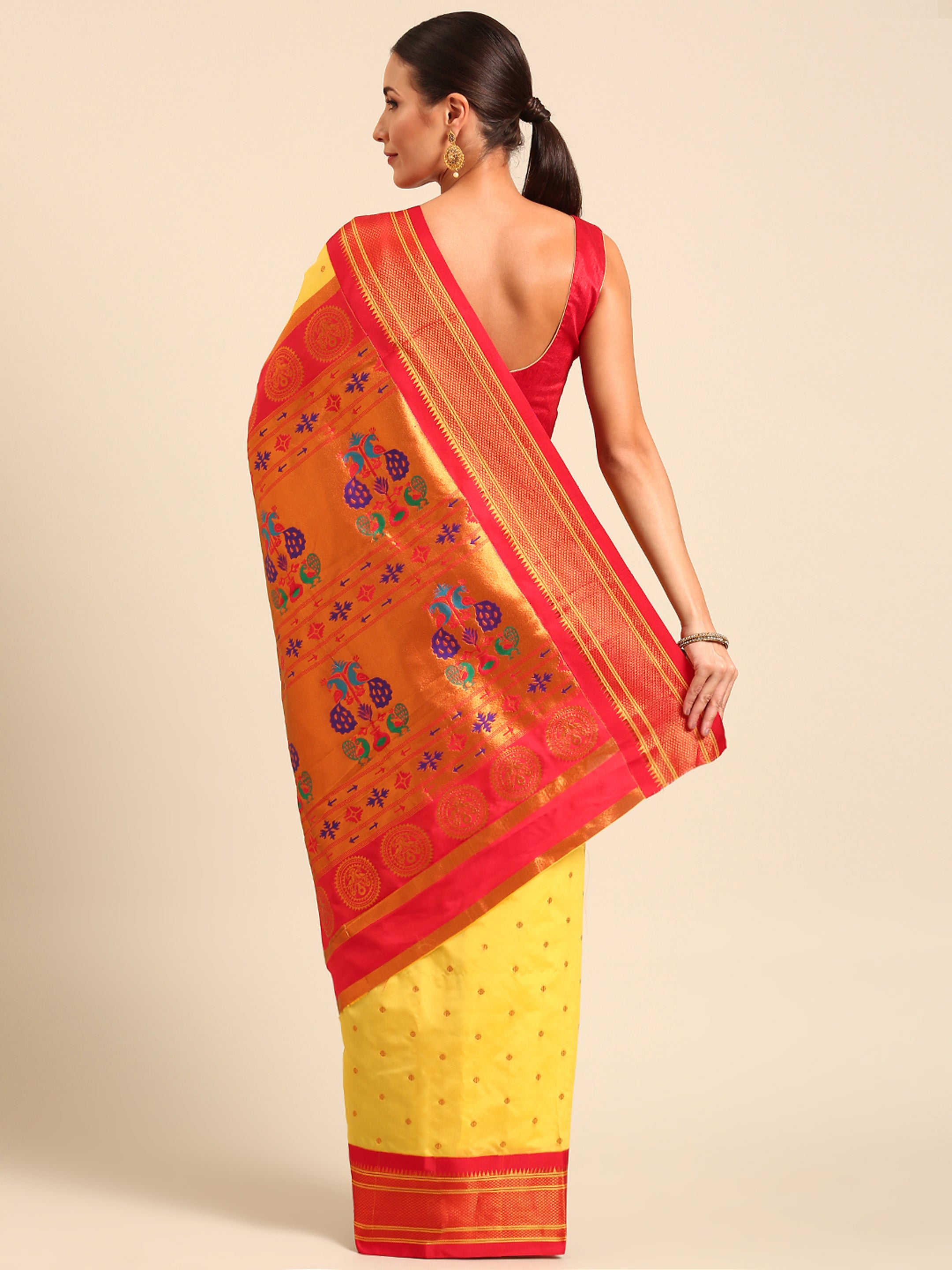 Maharani paithani saree silk blend in yellow & red with polka butta design - back view showing pallu and border