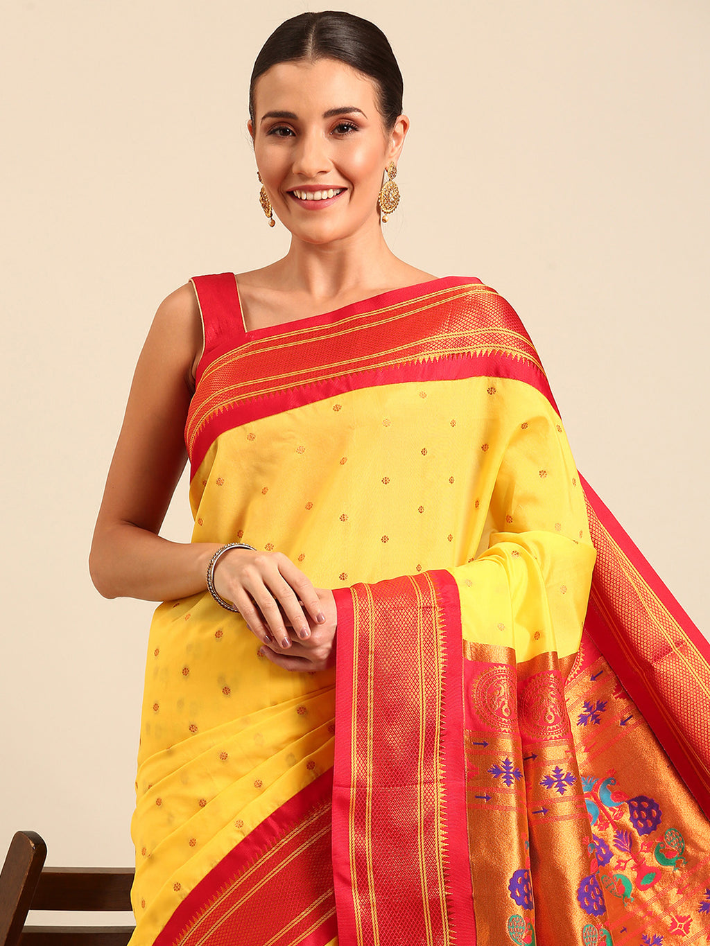 Maharani paithani saree silk blend in yellow & red with polka butta design - closeup view for weading party and festival