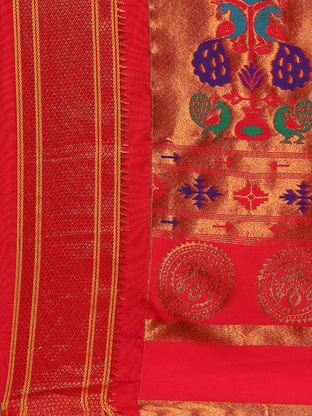 Maharani paithani saree silk blend in yellow & red with polka butta design with peacock motifs pallu