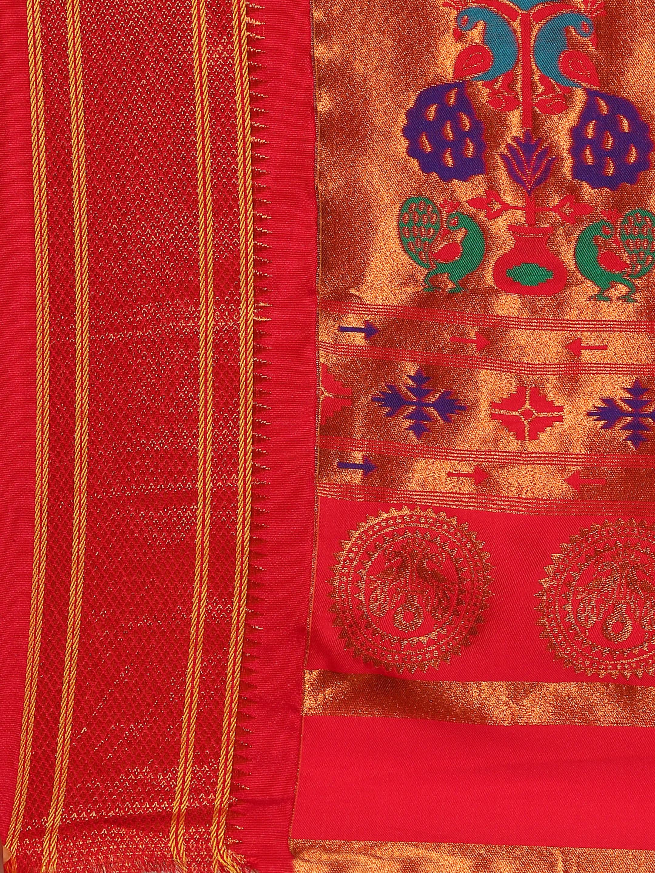 Maharani paithani saree silk blend in yellow & red with polka butta design with peacock motifs pallu