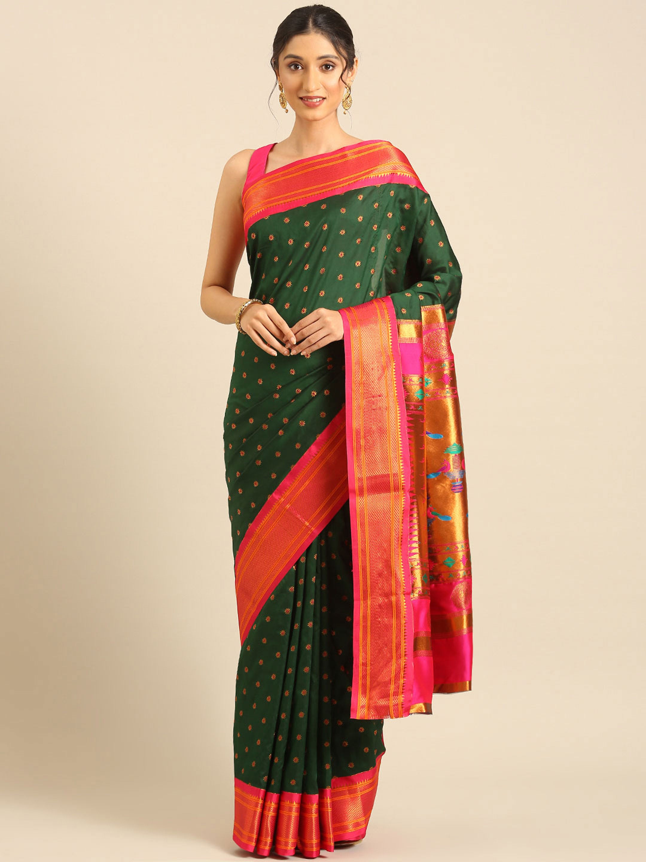 Double Pallu Paithani Saree Silk Blend | Chakra Phool Meena Butti | Party Wear