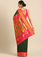 Double pallu paithani saree silk blend in bottle green and pink with chakra phool meena butti - back view showing pallu and border for party wear