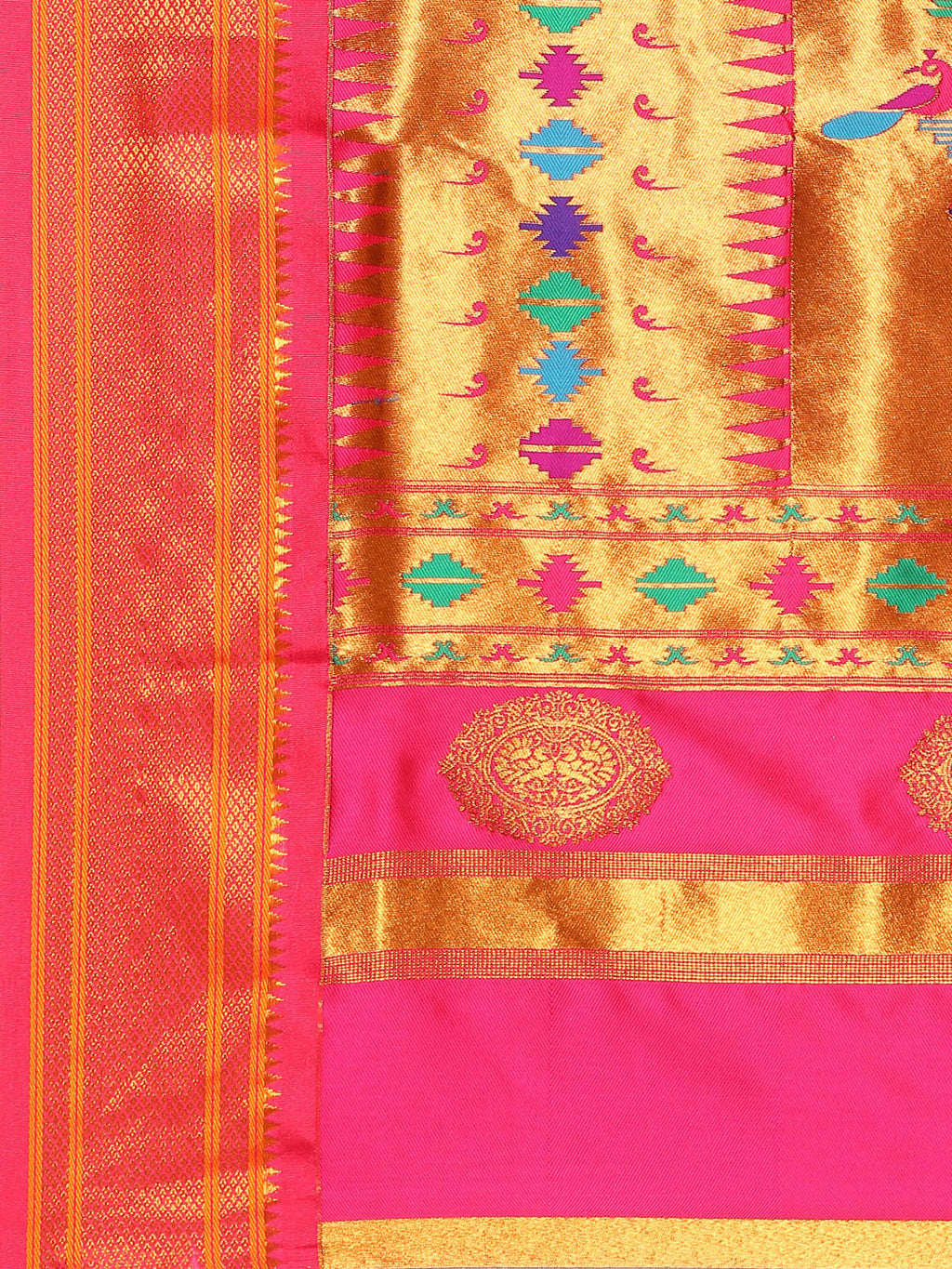 Double pallu paithani saree silk blend in bottle green and pink with chakra phool meena butti - pallu detail showing woven motif design for party wear