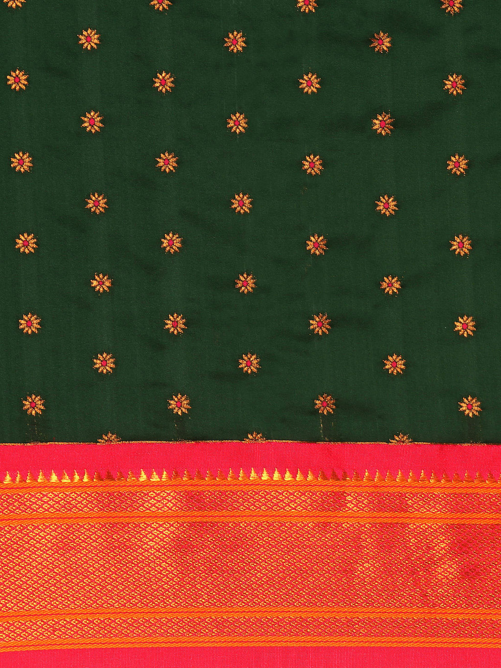 Double pallu paithani saree silk blend in bottle green and pink with chakra phool meena butti - body fabric detail showing motif design for party wear