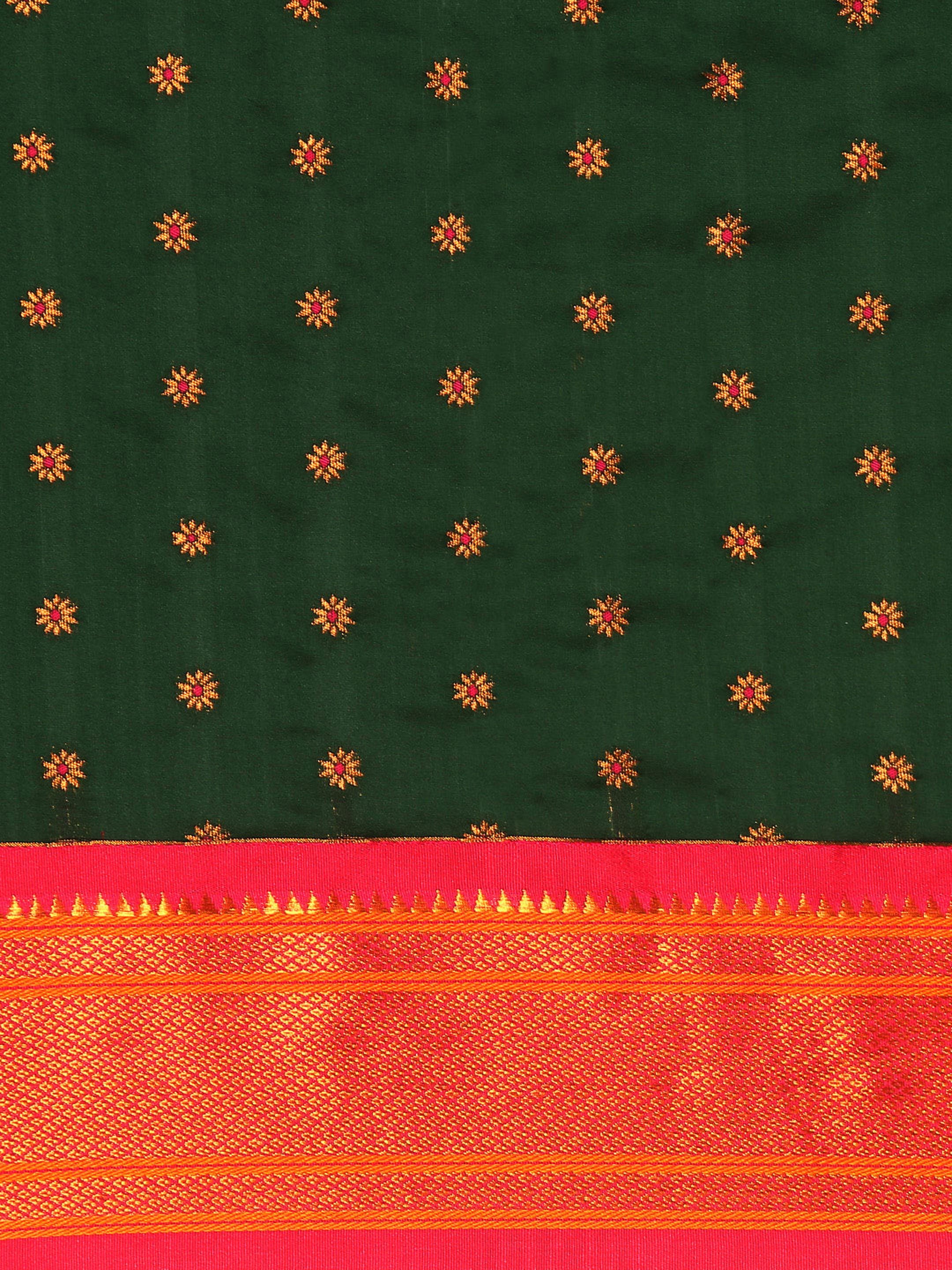 Double pallu paithani saree silk blend in bottle green and pink with chakra phool meena butti - body fabric detail showing motif design for party wear