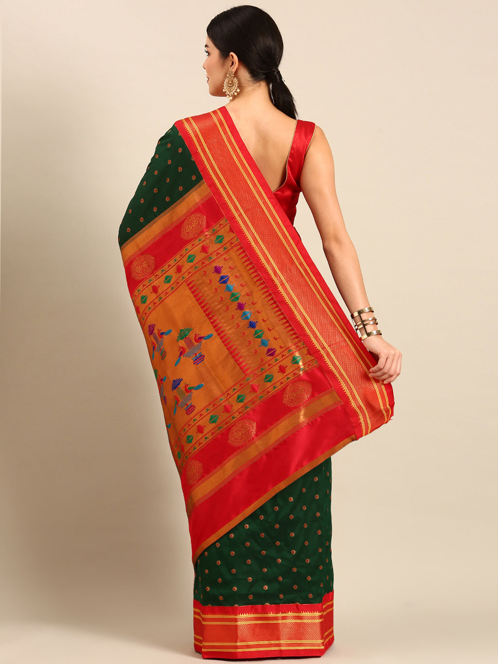 Double pallu paithani saree silk blend in bottle green and red with chakra phool meena butti - back view showing pallu and border for party wear