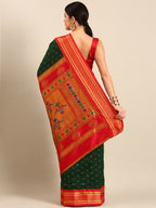 Double pallu paithani saree silk blend in bottle green and red with chakra phool meena butti - back view showing pallu and border for party wear