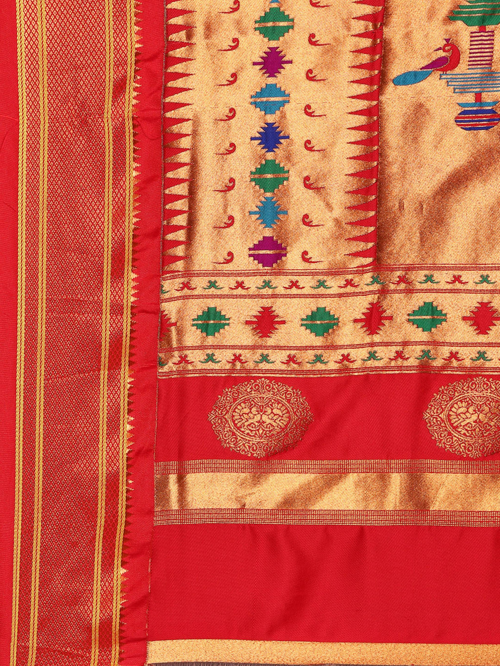 Double pallu paithani saree silk blend in bottle green and red with chakra phool meena butti - pallu detail showing woven motif design for party wear