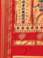 Double pallu paithani saree silk blend in bottle green and red with chakra phool meena butti - pallu detail showing woven motif design for party wear