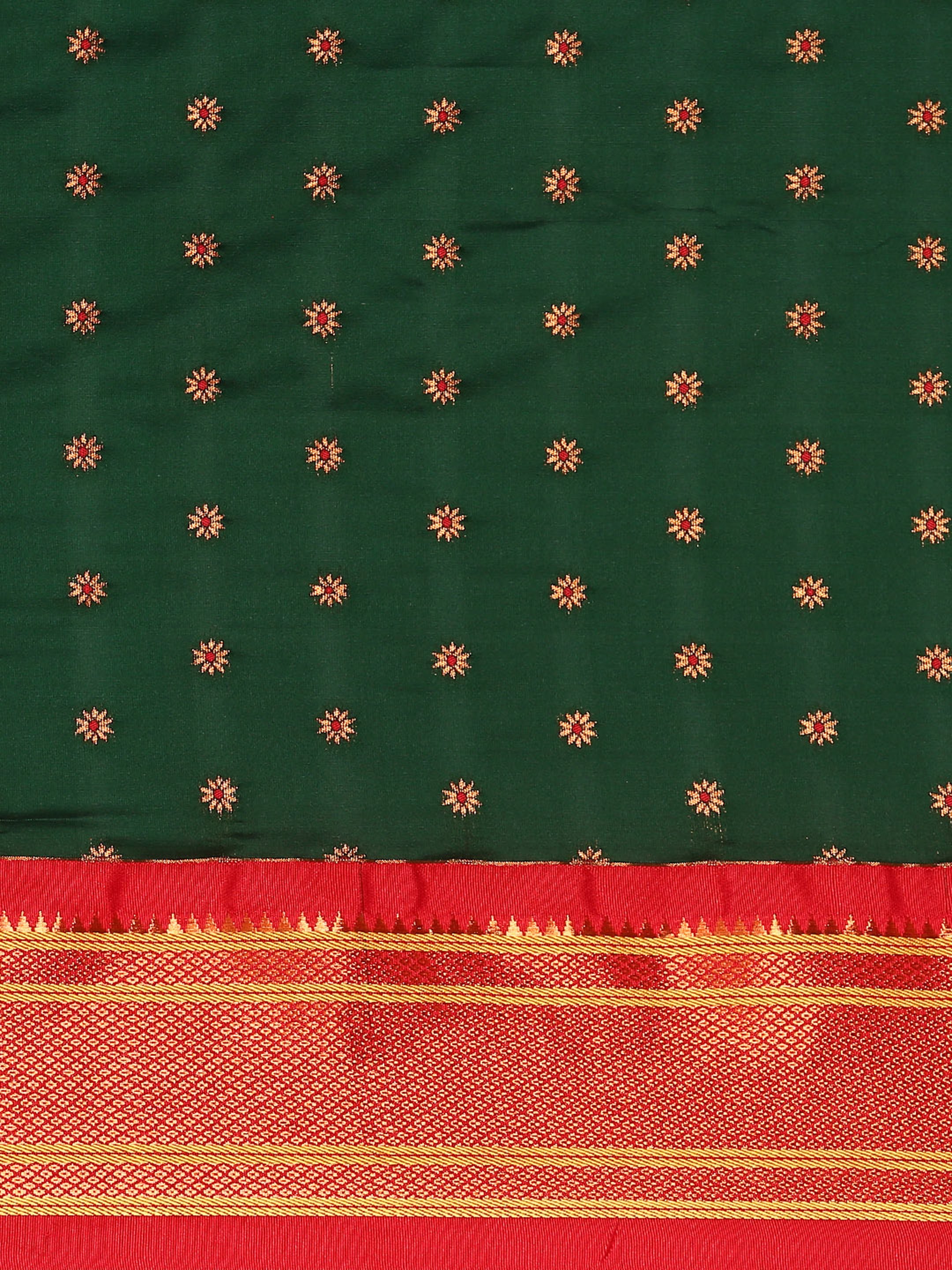 Double pallu paithani saree silk blend in bottle green and red with chakra phool meena butti - body fabric detail showing motif design for party wear